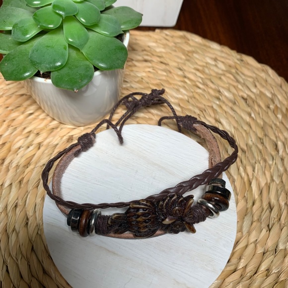 Brown or Black Leather Banded OWL Adjustable Bracelet, Unisex - Picture 7 of 10